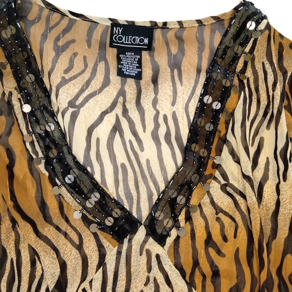 NY COLLECTION orange black tiger print v neck sequin blouse top - Picture 3 of 4